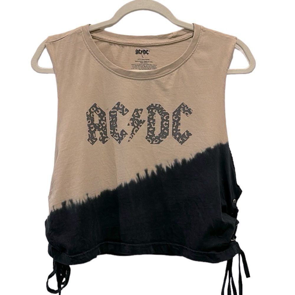 AC/DC Dip Dyed Side Tie Cropped Band Tee Top Large​​​​​​